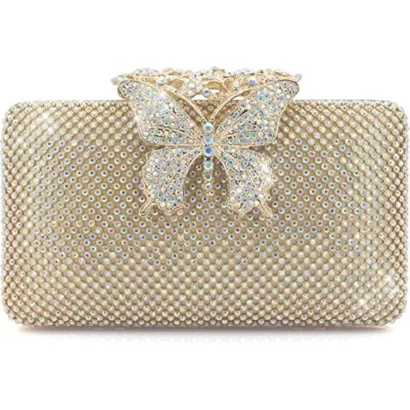 NEW Sparkling Bling Crystal Rhinestone Clutch Butterfly Purse: Silver Go… - Picture 2 of 13
